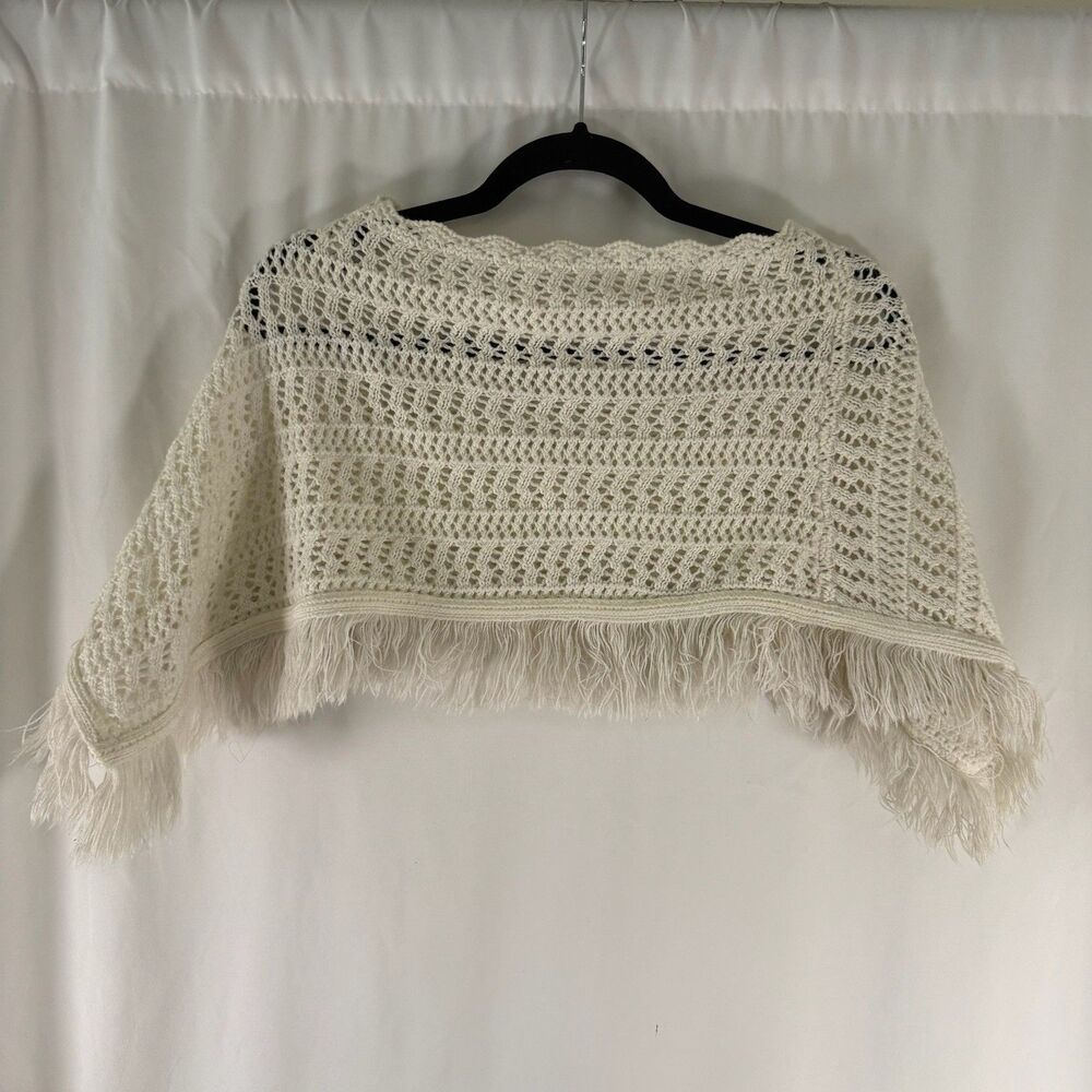 Vintage Star City Poncho Women's Large White Crochet Fringe Boho Made USA